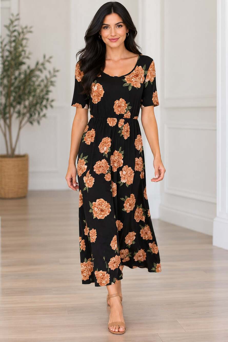 DC152 Mikarose Black Floral Maxi Dress Size M Short Sleeve Stretch